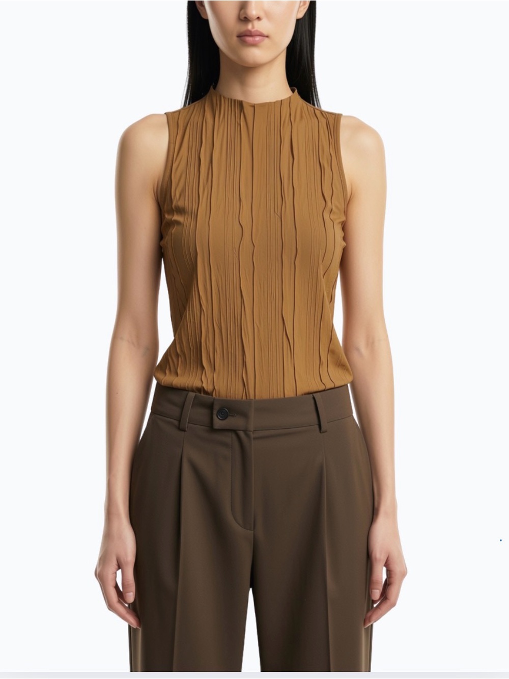 NWT! Sleeveless Pleated Mock-Neck Top in Camel - Illusory